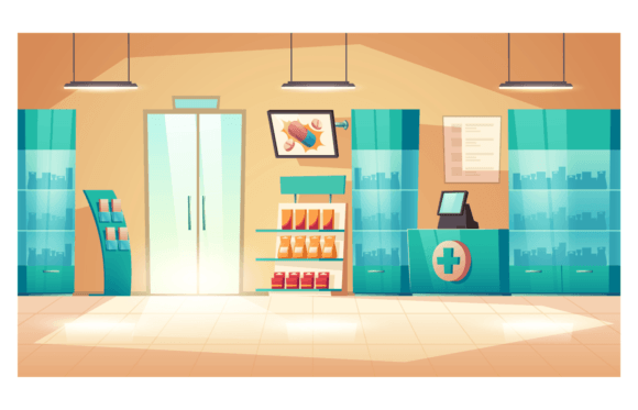 Download Pharmacy Interior, Modern Drugstore with Counter, Medical Products, and Vitamins on Shelves - Medical Collection
