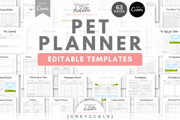 Download Pet Planner Canva Templates | GREYSCALE - Pet Collection